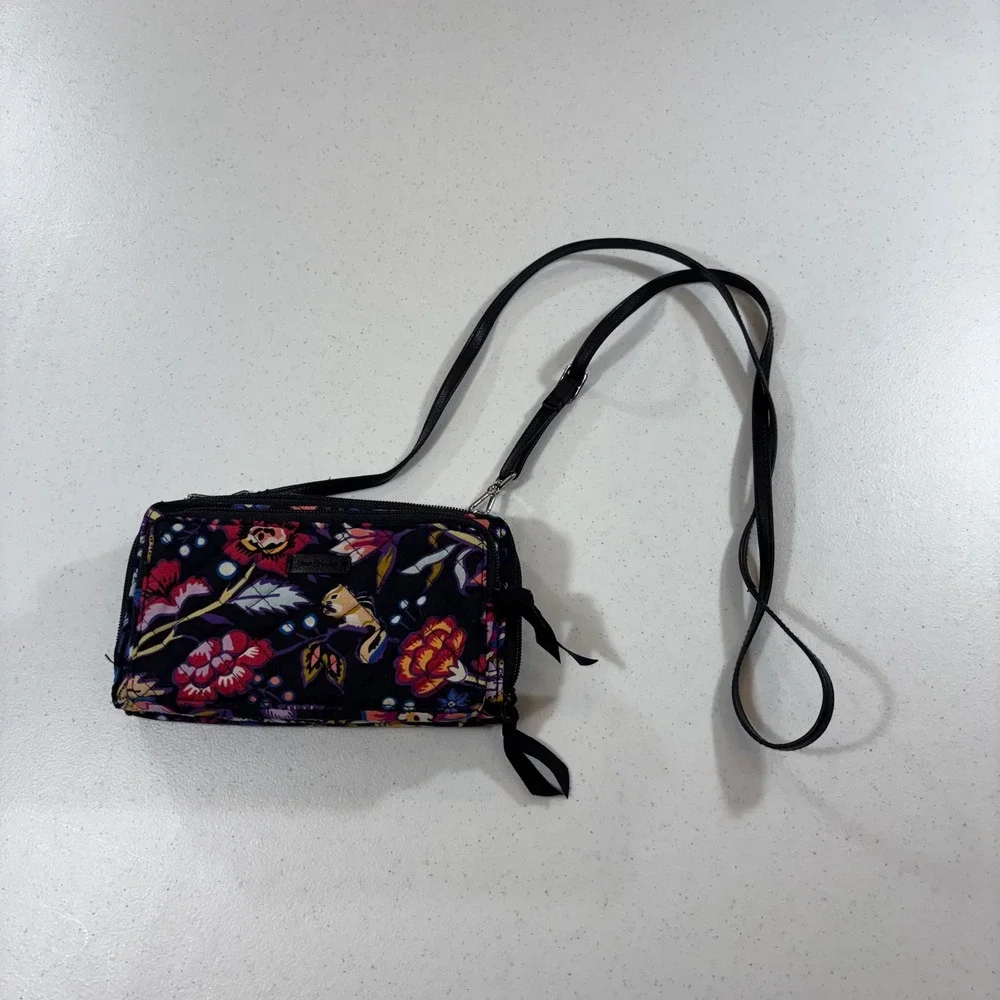 Vera Bradley RFID All in One Crossbody Wallet Floral Squirrel Rabbit Black Multi